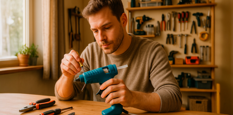 Persona arreglando una pistola de silicona caliente en su casa