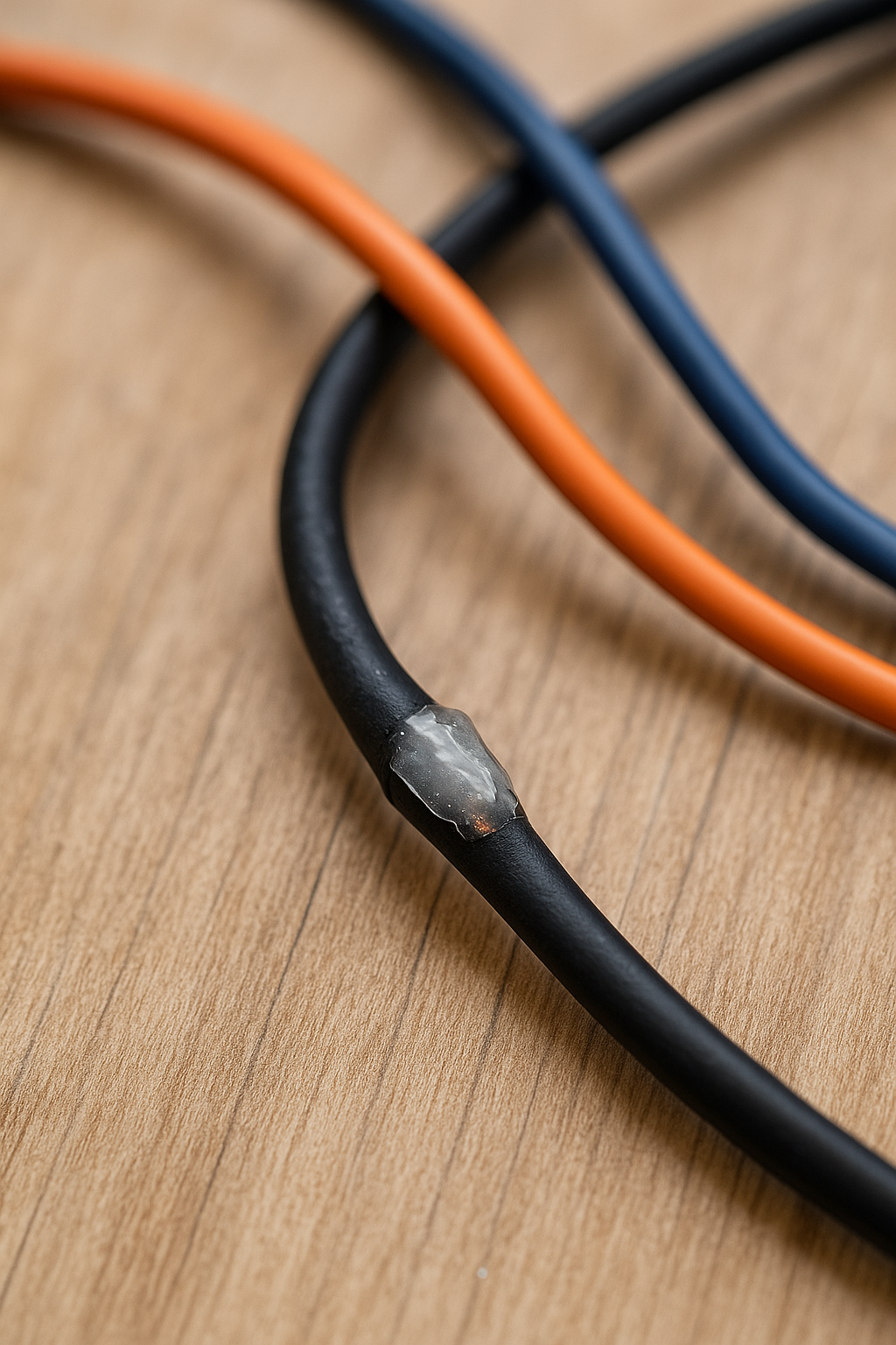 Cable reparado temporalmente con silicona caliente