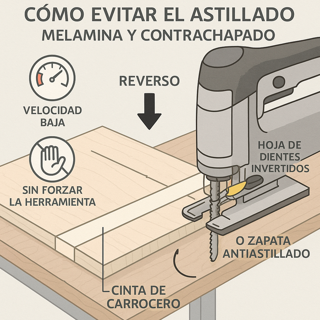 Ilustración sobre cómo evitar el astillado en melamina y contrachapado con sierra de calar