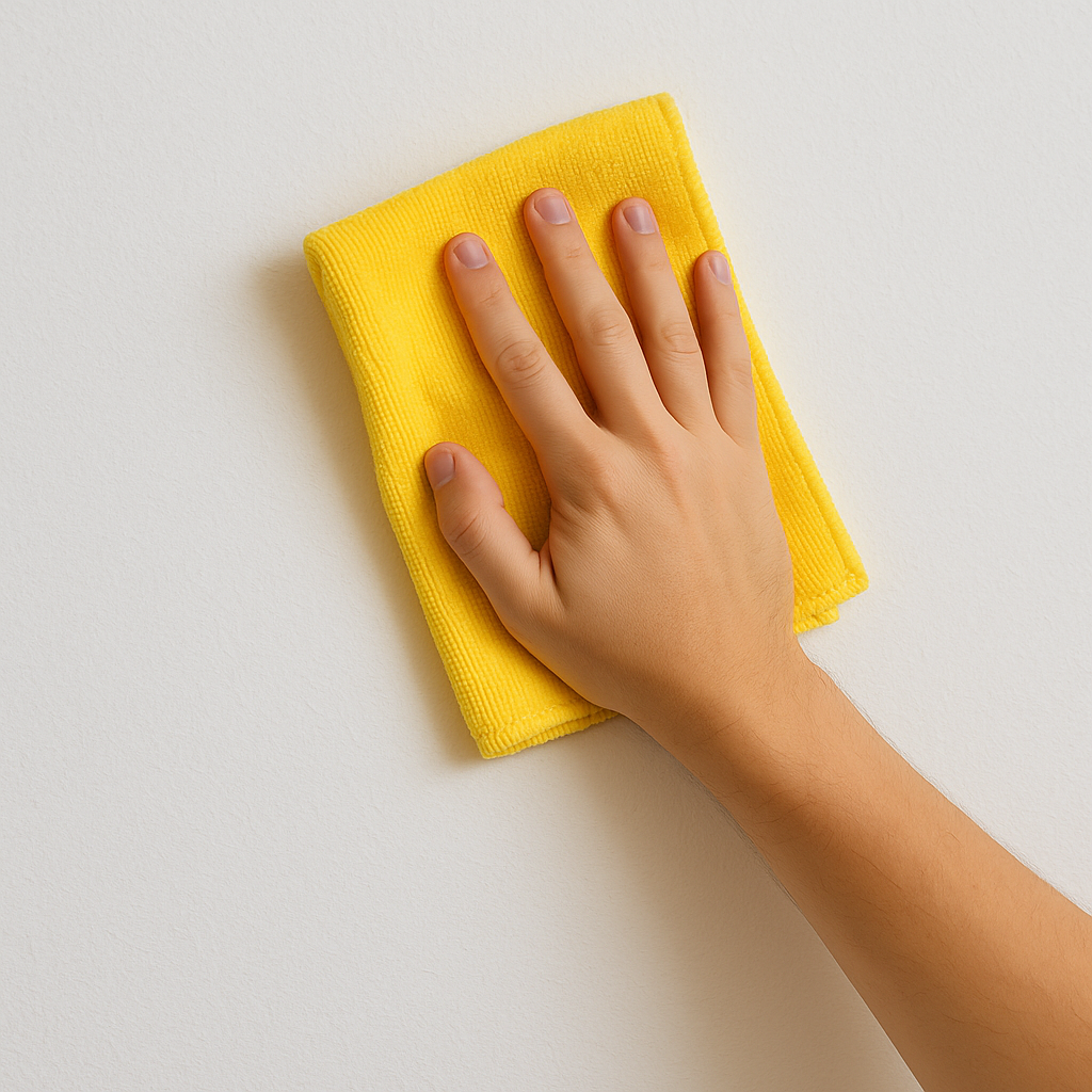 Mano limpiando una pared blanca con una bayeta amarilla