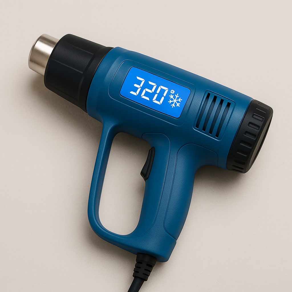 Pistola de calor apoyada en su base enfriándose