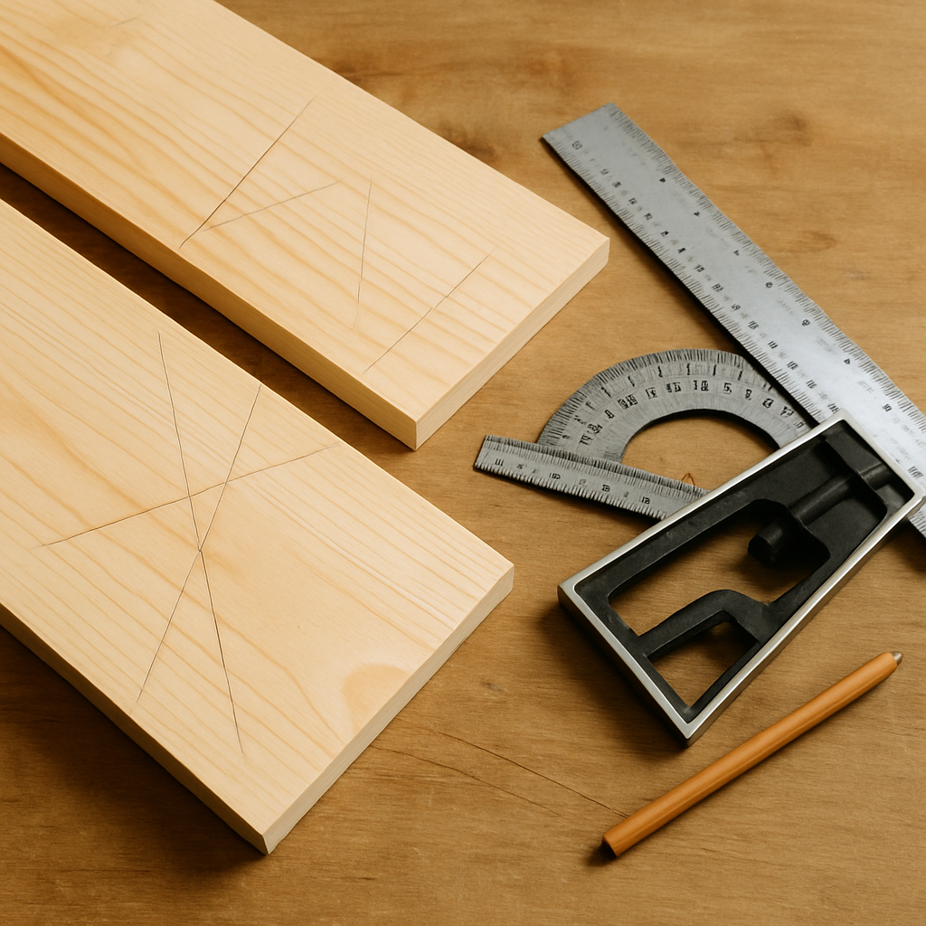 Tablas de madera con marcas de lápiz y herramientas de medición para comprobar ángulos antes de cortar a bisel